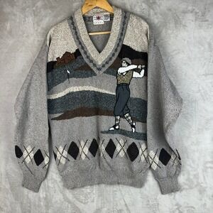 Cotton Traders Sport Mens Golf Intarsia V-Neck Sweater Grey Argyle Large Vintage